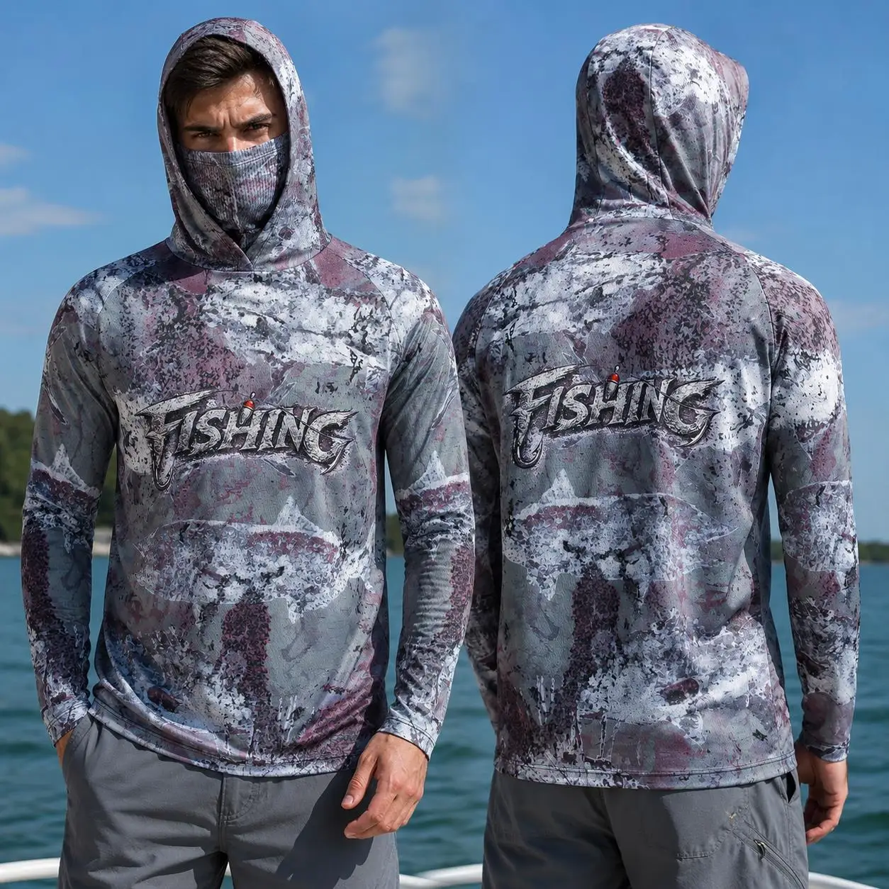 Fishing Mask Sun Protection - Anglerhemd mit Kapuze, Herren-Angelkleidung, Langarm, Outdoor,